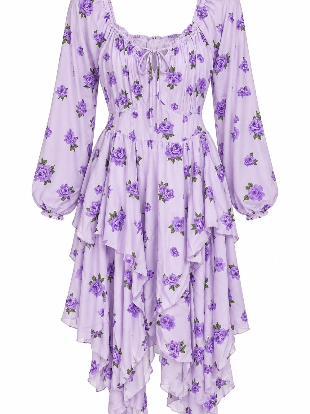 Lavender Floral Ruffled Long-Sleeve Midi Dress